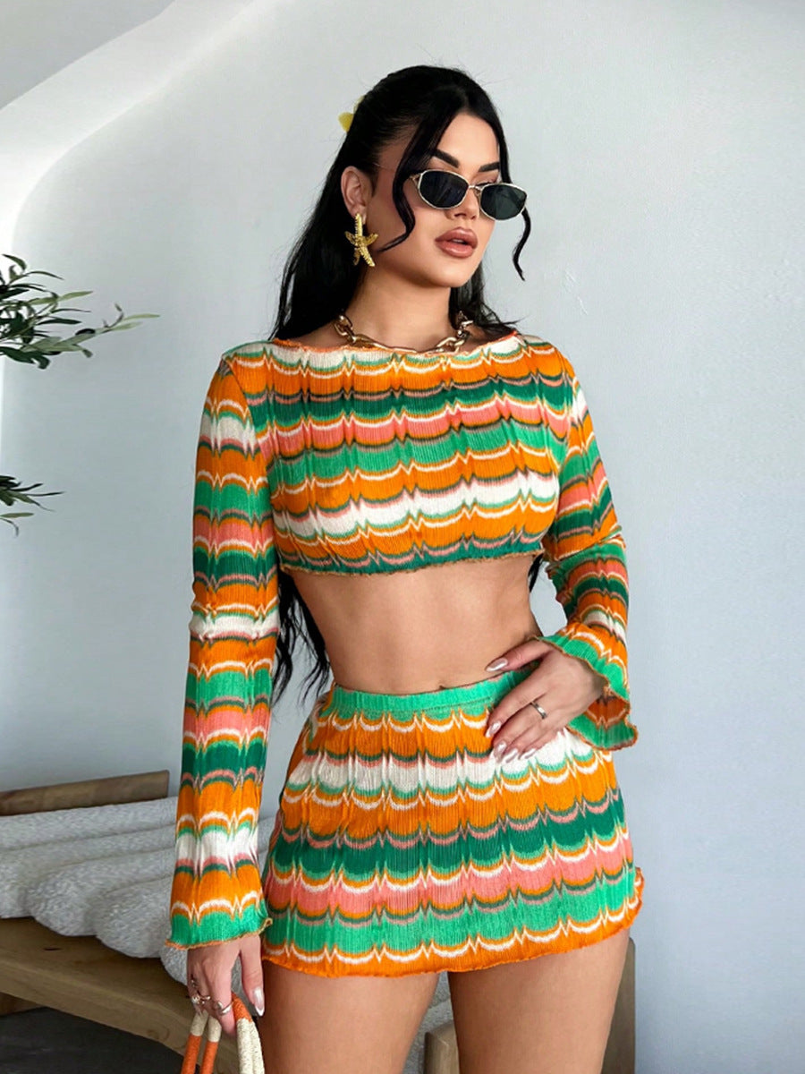 Women's Autumn Winter Sexy Crop Top Yarn-Dyed Multi-Color Skirt Set 6