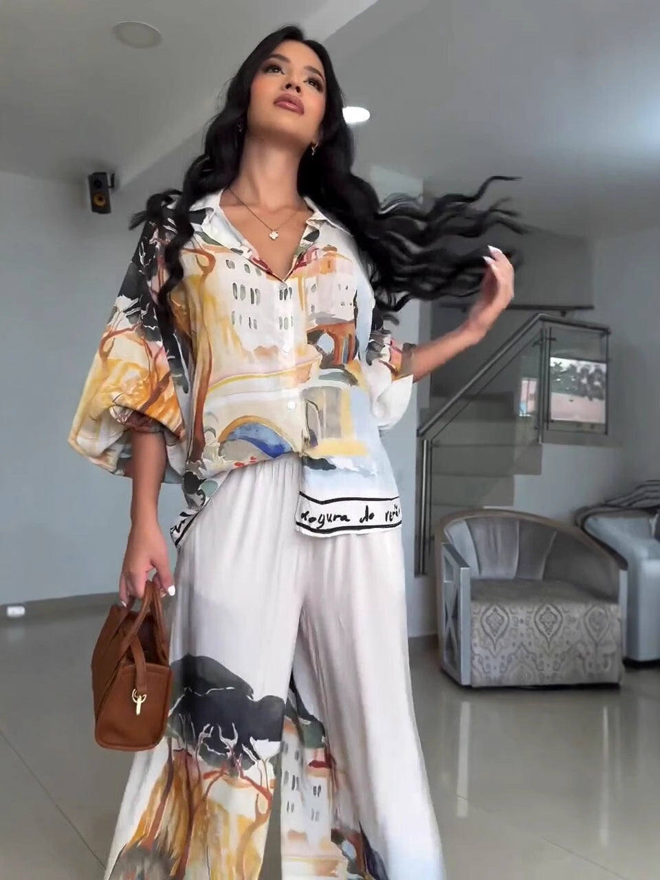 Women's Print Loose Fashion Lantern-Sleeve Blouse & Wide-Leg Pants Set 5