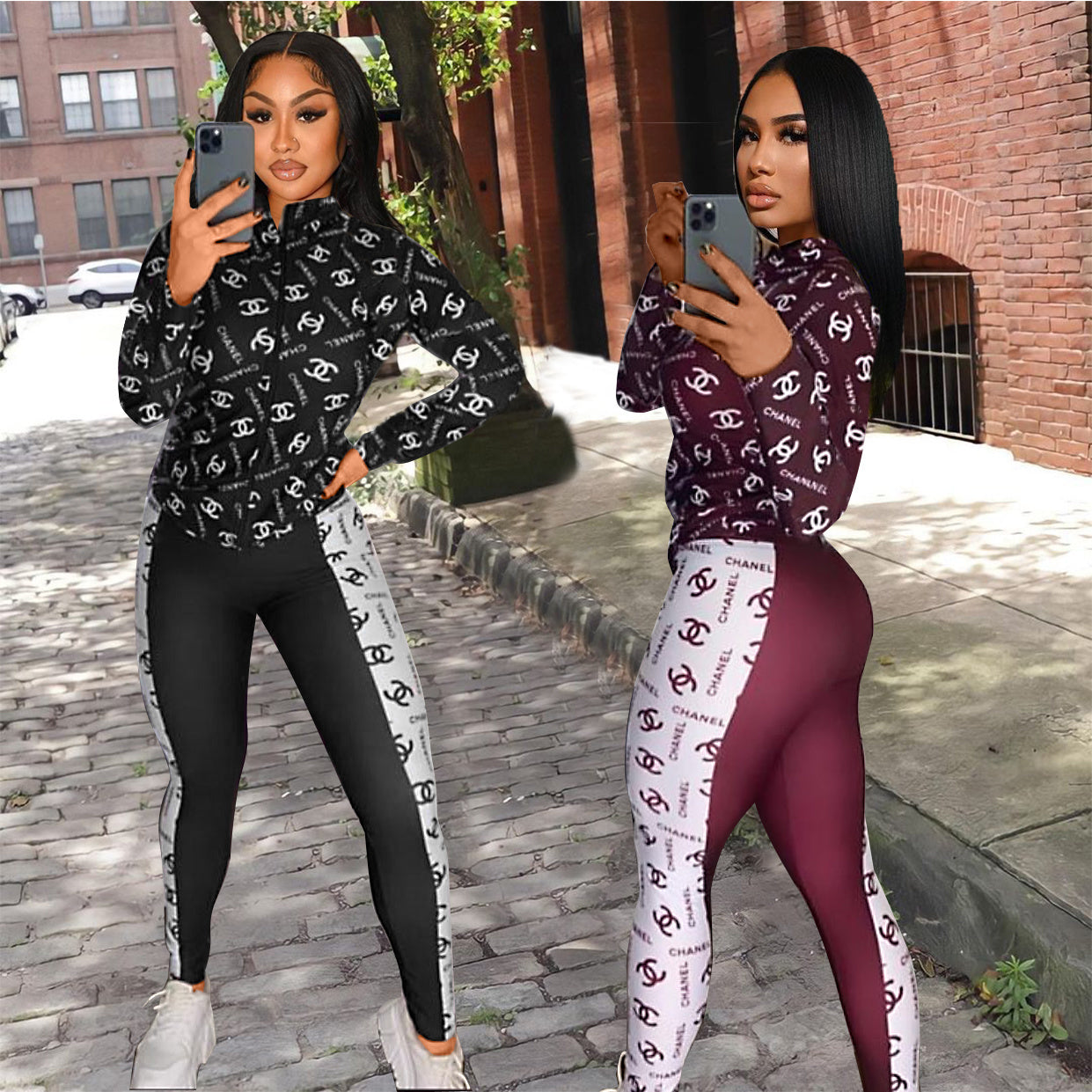 Women's Casual Fashion Chic Color Block Print Zipper  Two-Piece  Pants Set 9