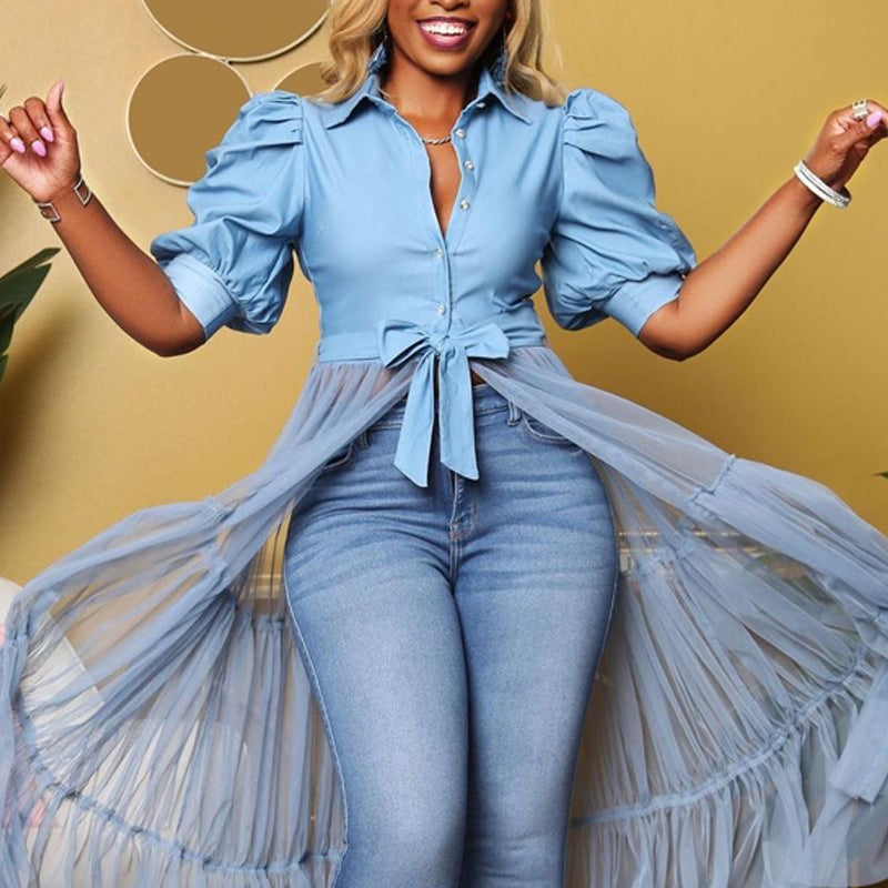 Fall/Winter Solid Color Puff Sleeve Lace-Up Long Mesh Patchwork Top 4