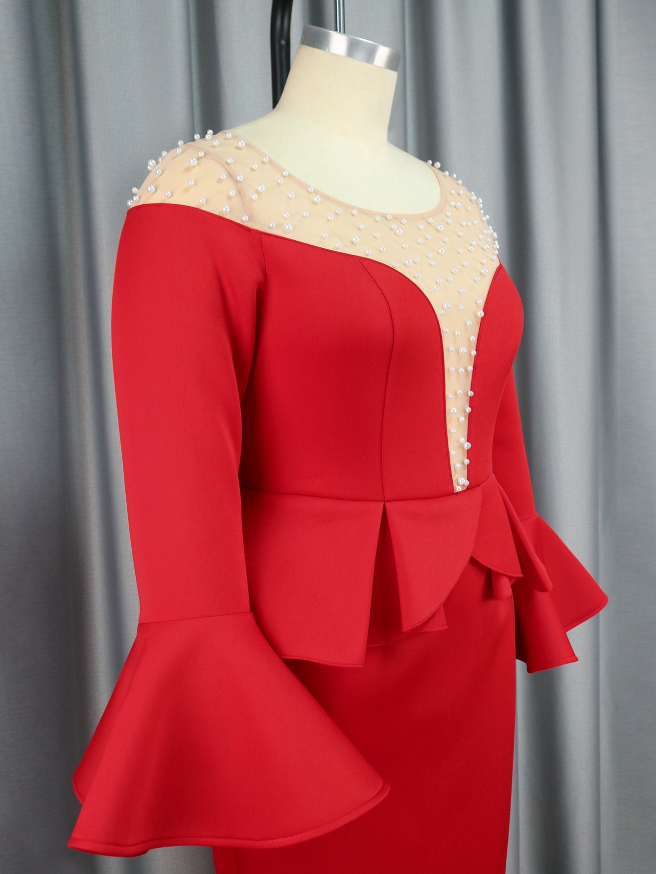 Round Neck See-Through Beaded Flare Sleeve Sexy Peplum Dress 12