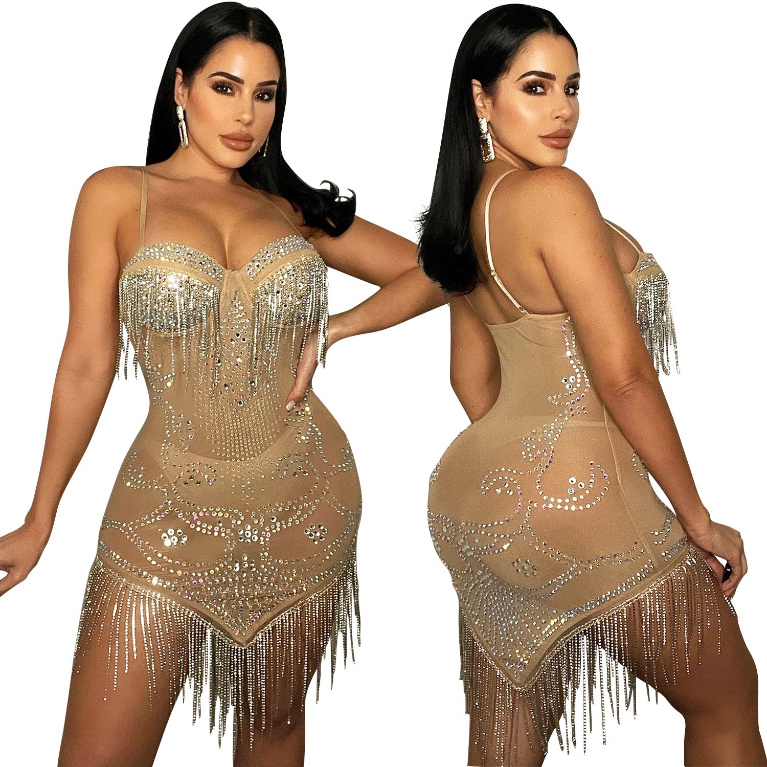 Summer Women's Sexy Mesh Beaded Sling Tassel Dress For Women 7