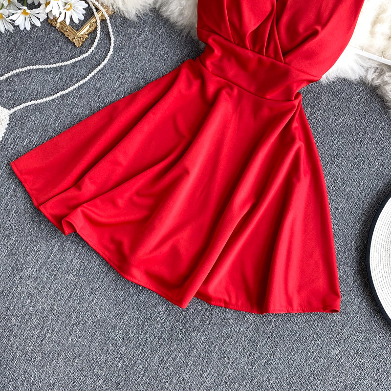 Spring Feminine V-Neck Low Back Slim Waist High Waist Slim Fit Solid Color Straps Basic A-Line Dress 32