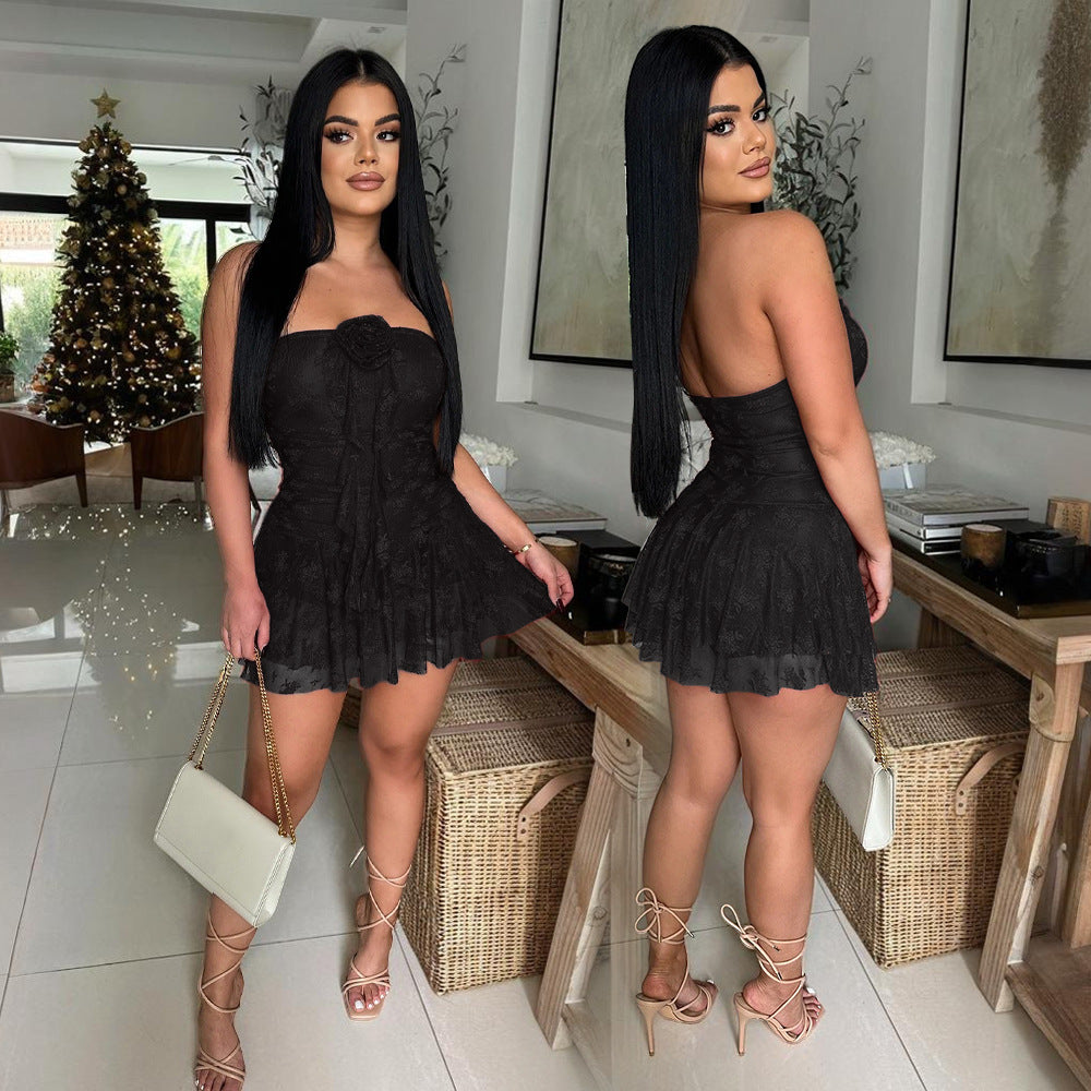 Strapless Lace Solid Color Chic Short Romper 5