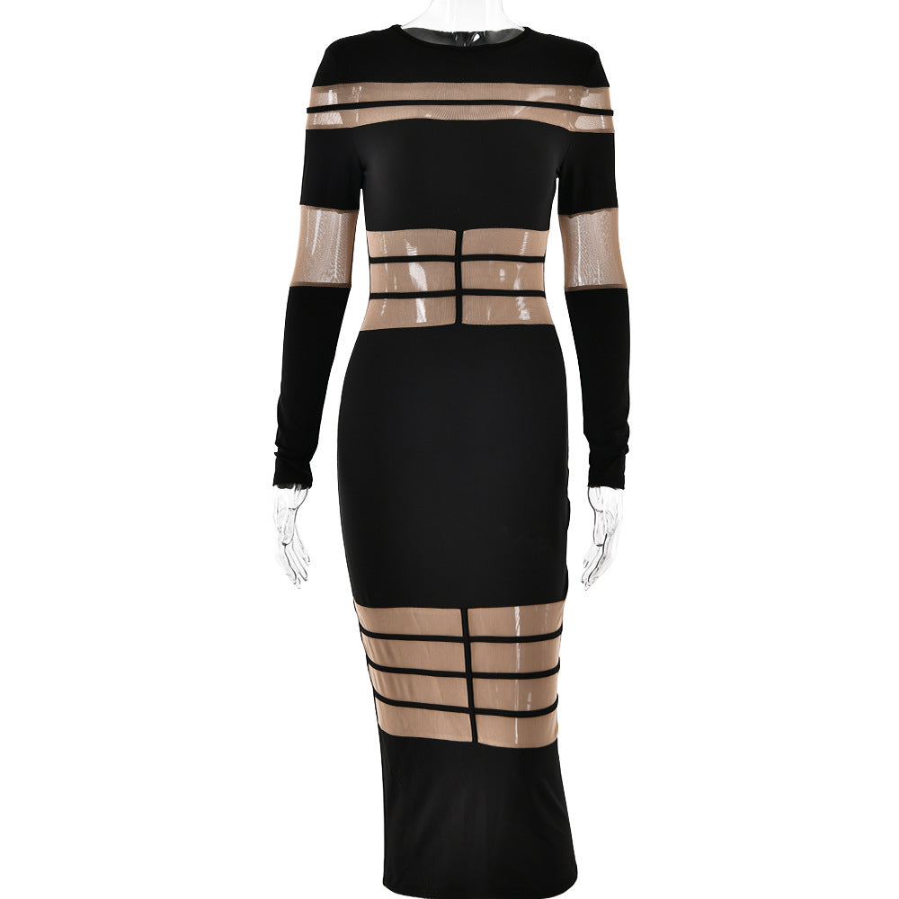 Autumn Winter Fashion Mesh Patchwork See-Through Sexy Chic Slim Long Sleeve Bodycon Long Dress 10
