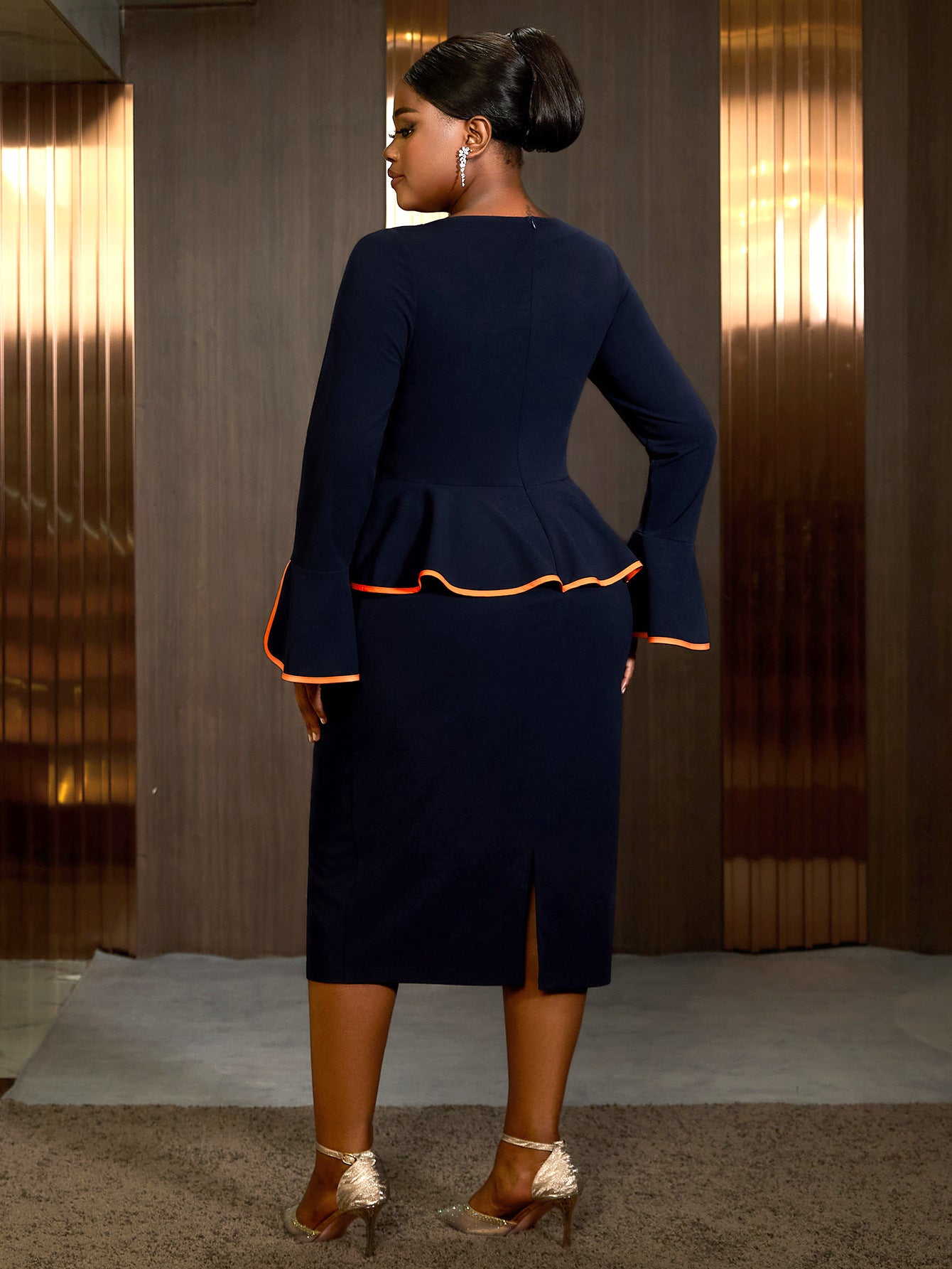 Women African U-neck Bell Bottom Sleeve Contrast Color Bodycon Dress 3