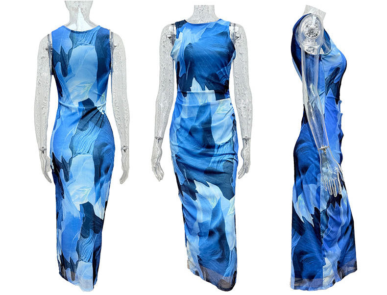 Women's Spring Summer Chic Sexy Printed Sleeveless Slim Waist Slim Long Dress 8