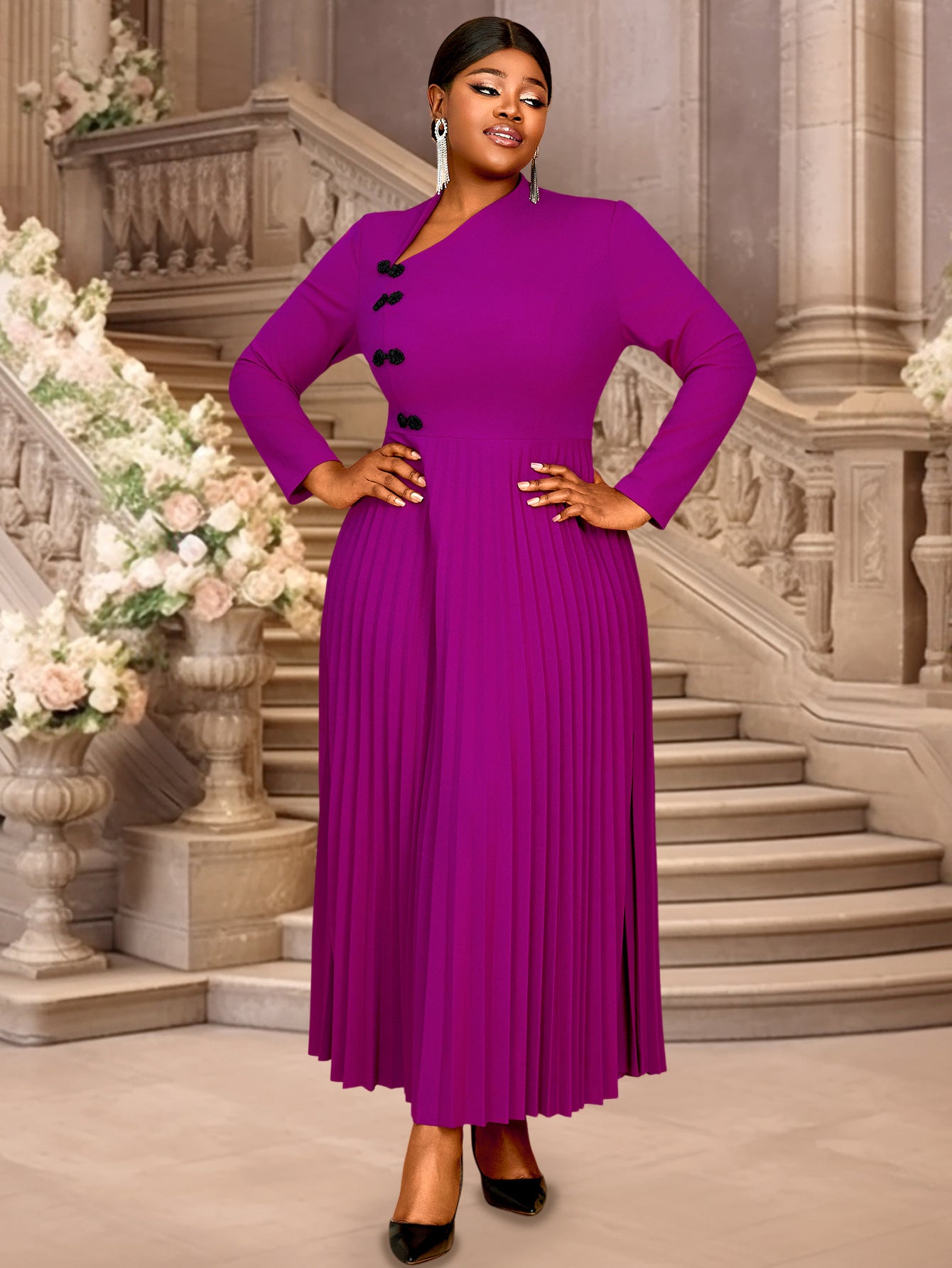 Plus Size Women Ruffles Elegant V-neck Pleated Party Dress 6