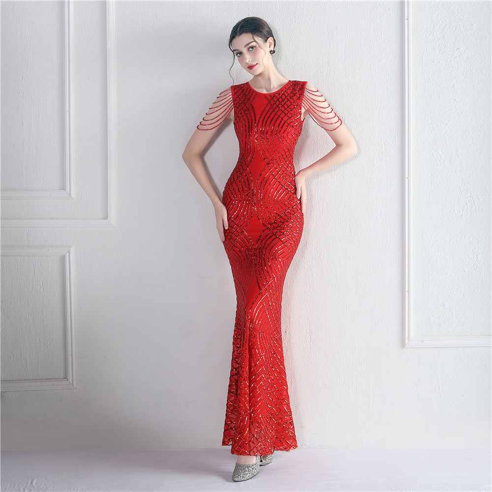 Decorative Crystal Diamond Chain Sequin Embroidery Stripe Positioning Flower Dinner Ceremony Long Evening Dress 8