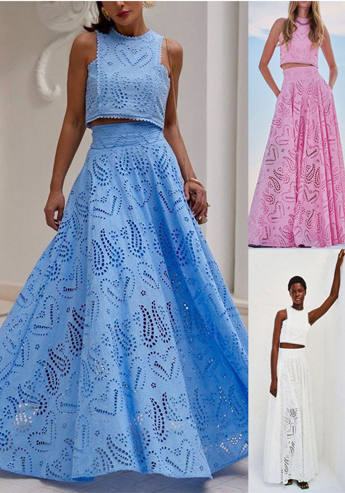 Women Spring Summer Casual Holidays Sleeveless Top and Skirt Two-piece Set