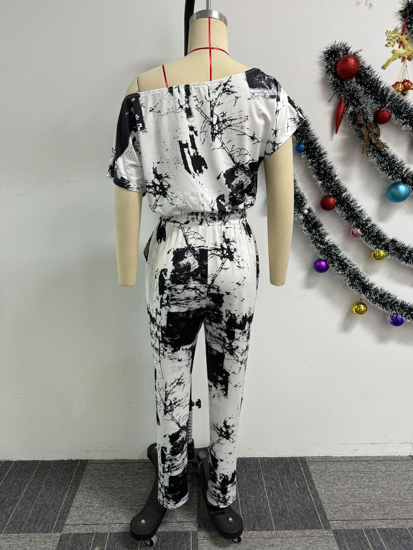 Women Sexy Printed Short Sleeve Off Shoulder Stretch Jumpsuit 9