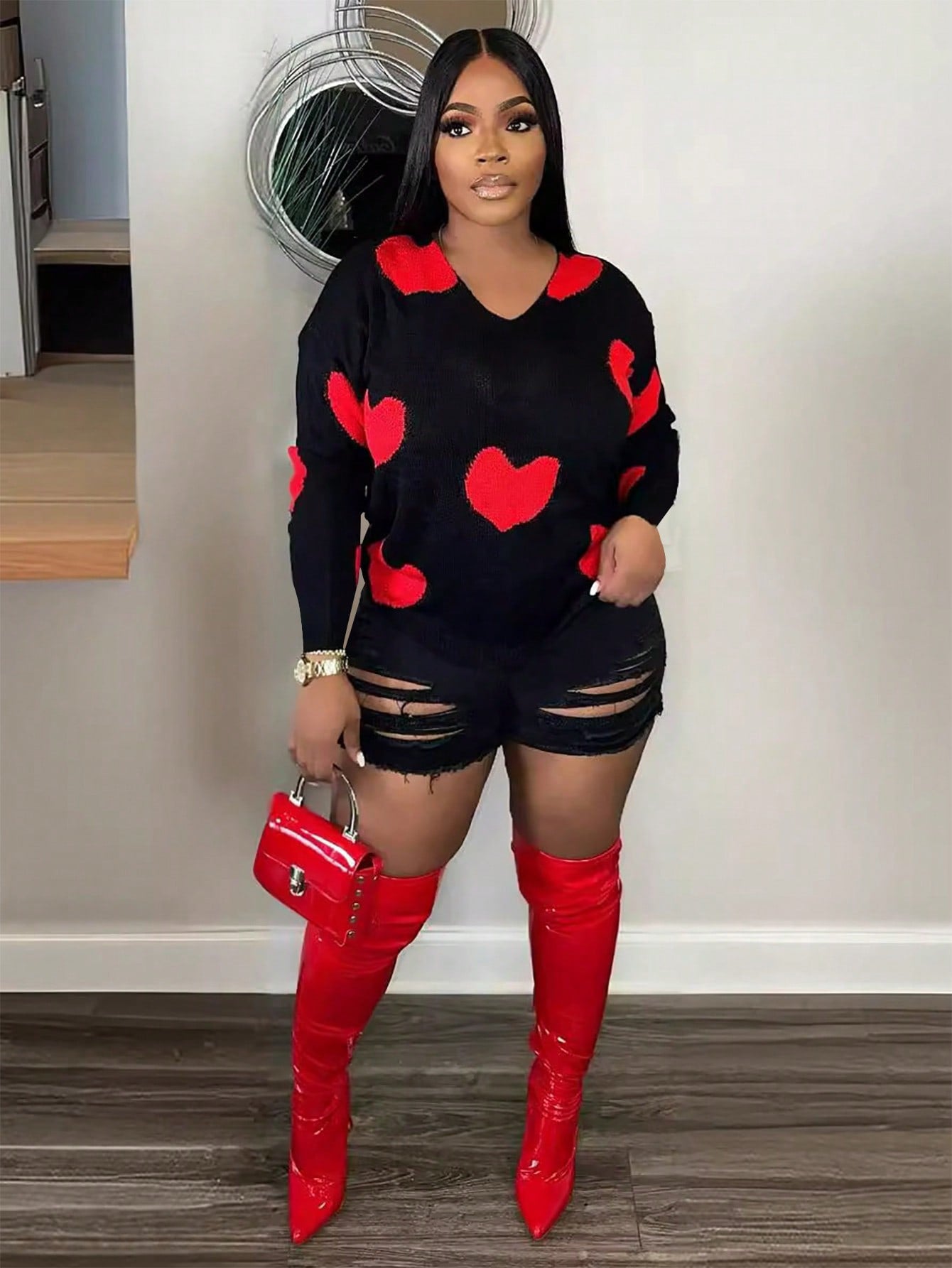 Women Fall/Winter Knitting Jacquard V-Neck Heart Print Long-Sleeved Knitting Top Sweater 3