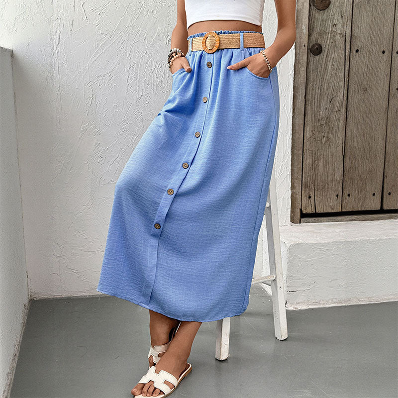 summer women's pocket button Belt skirt 4