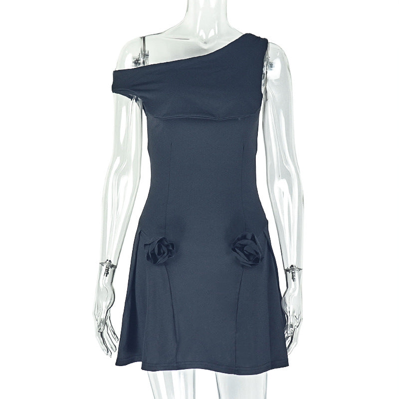 Women's Chic Solid Color One-ShoulderA-line Mini Dress 10