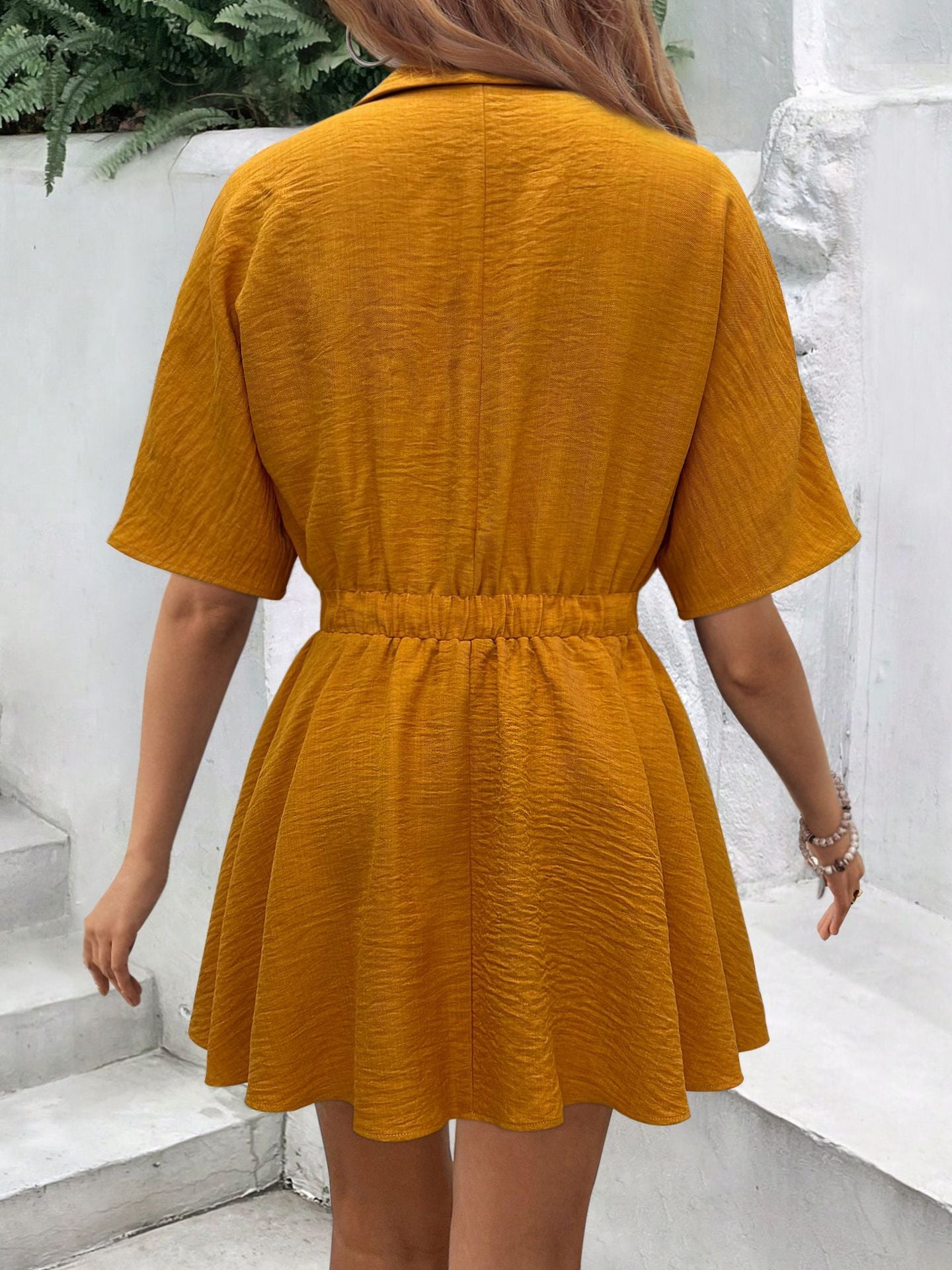 Button-Up Short-Sleeve Slim Waist Belted Shirt Dress