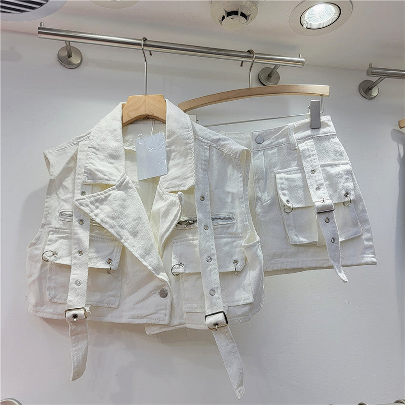 Women Retro Pink Pocket Sleeveless Vest + Cargo Denim Skirt Two-piece Set 5