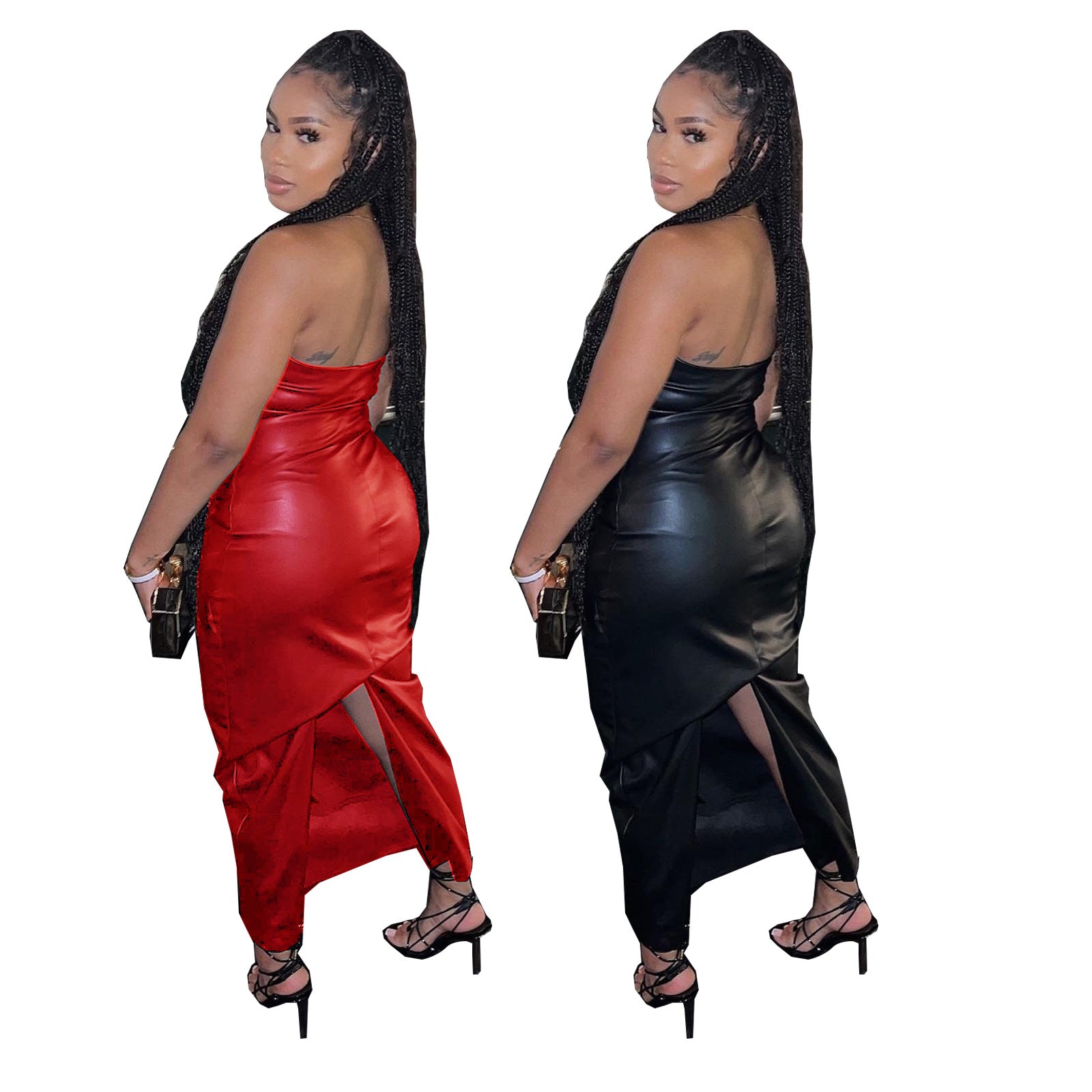 Women's Clothing Pu Leather Strapless Slit Long Dress 5