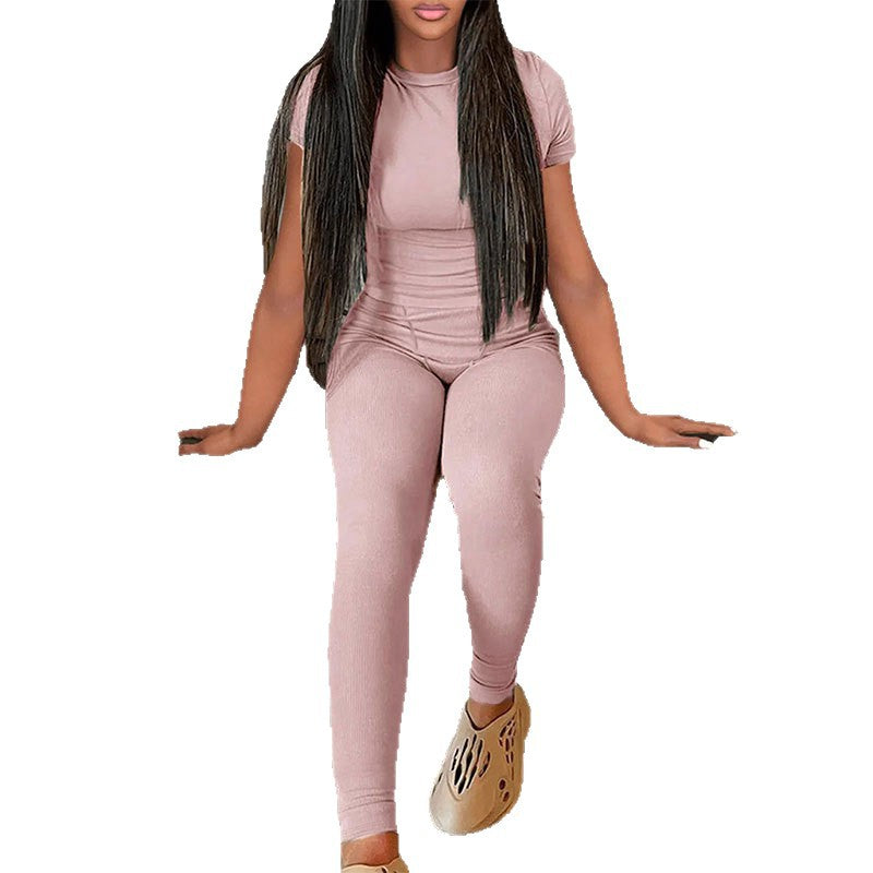 Casual Fashion Pink Short Sleeve T-shirt Tight Fitting Pants Two-piece Women's Set 5