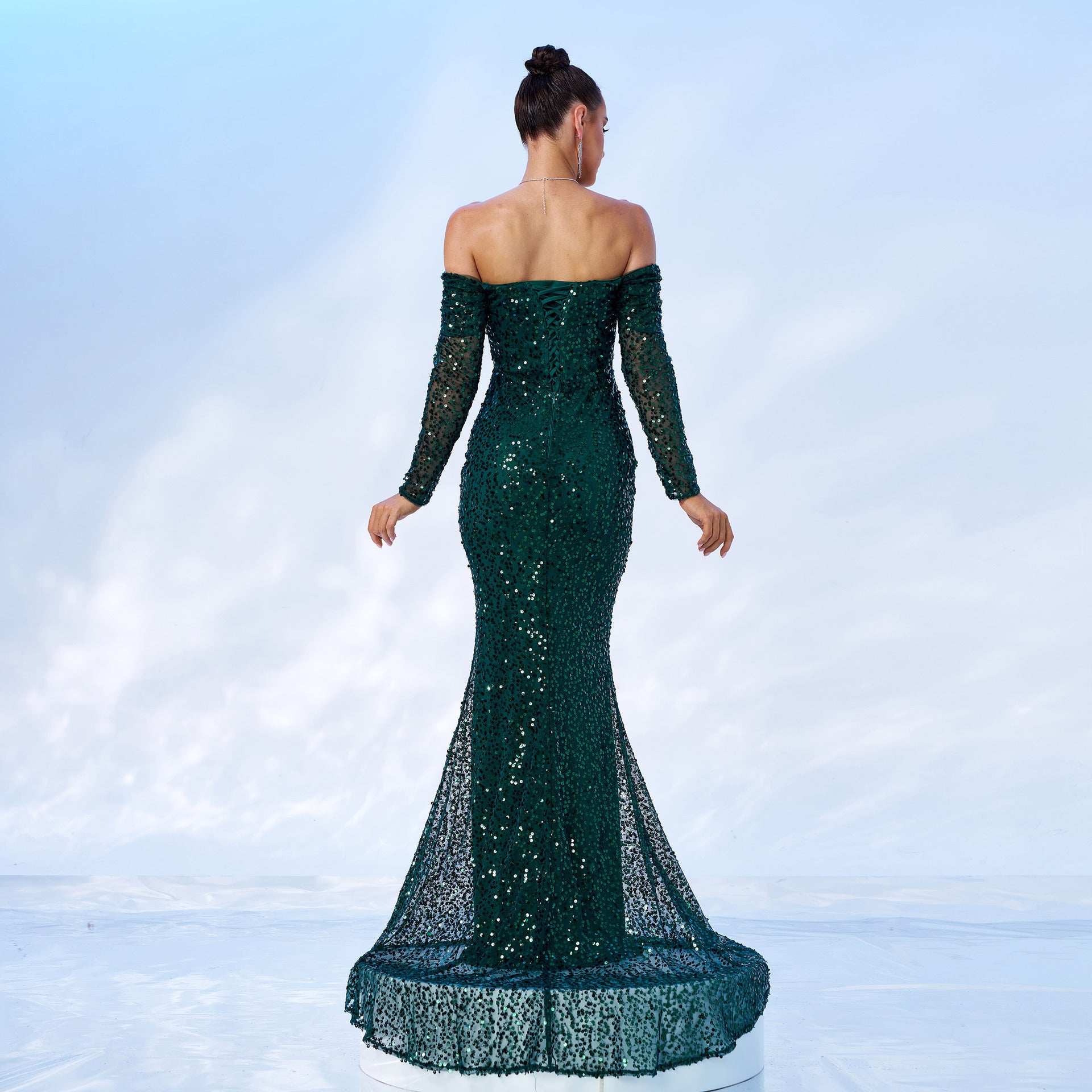 Women Off Shoulder Long Sleeve Sequin Formal Party Fishtail Evening Dress 4