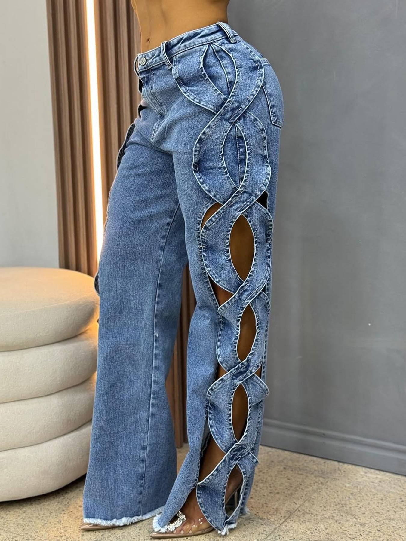 Spring/Summer Women's Side Cutout Denim Patchwork Trousers 3
