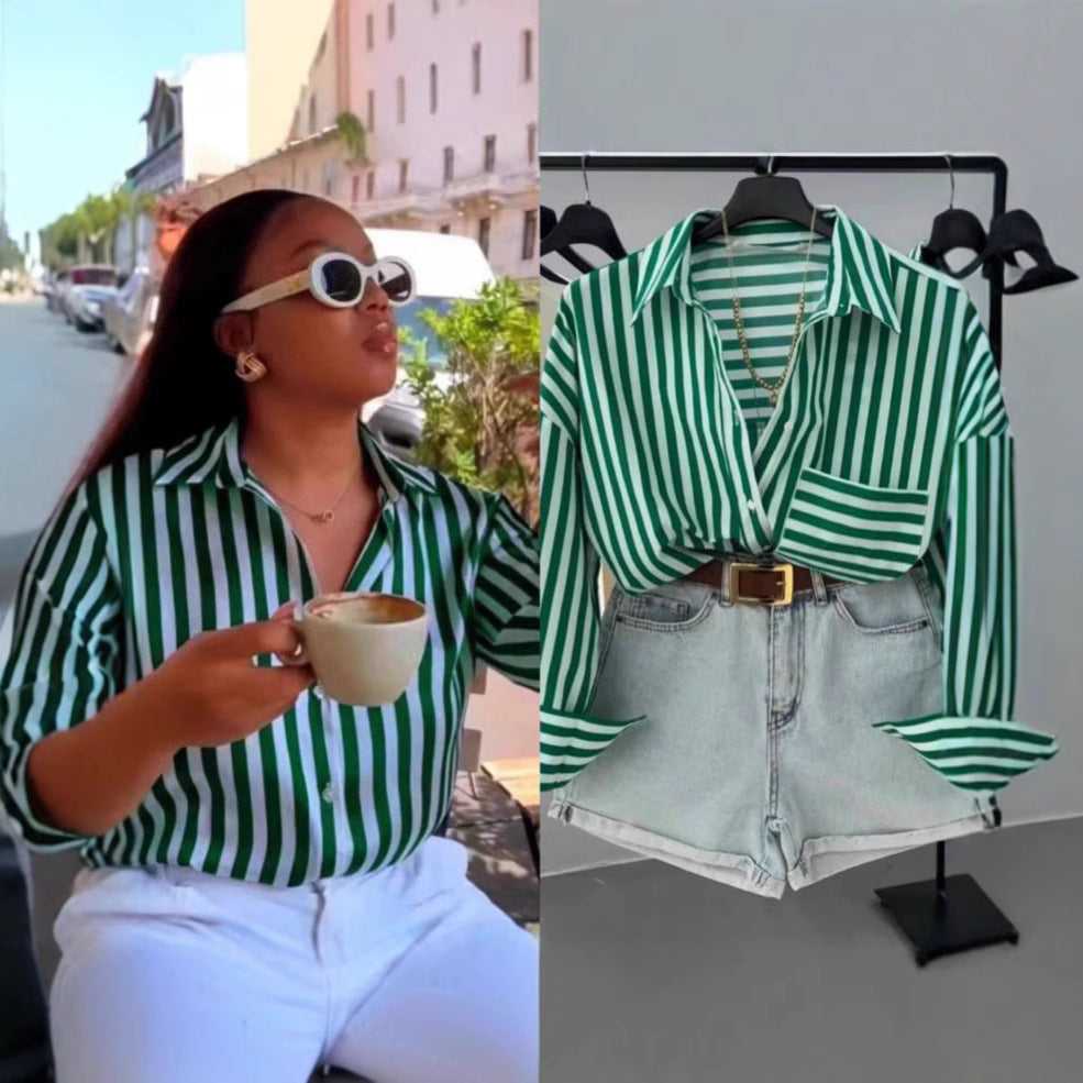 Women's Summer Fashion Casual Long Sleeve Striped Shirt 3