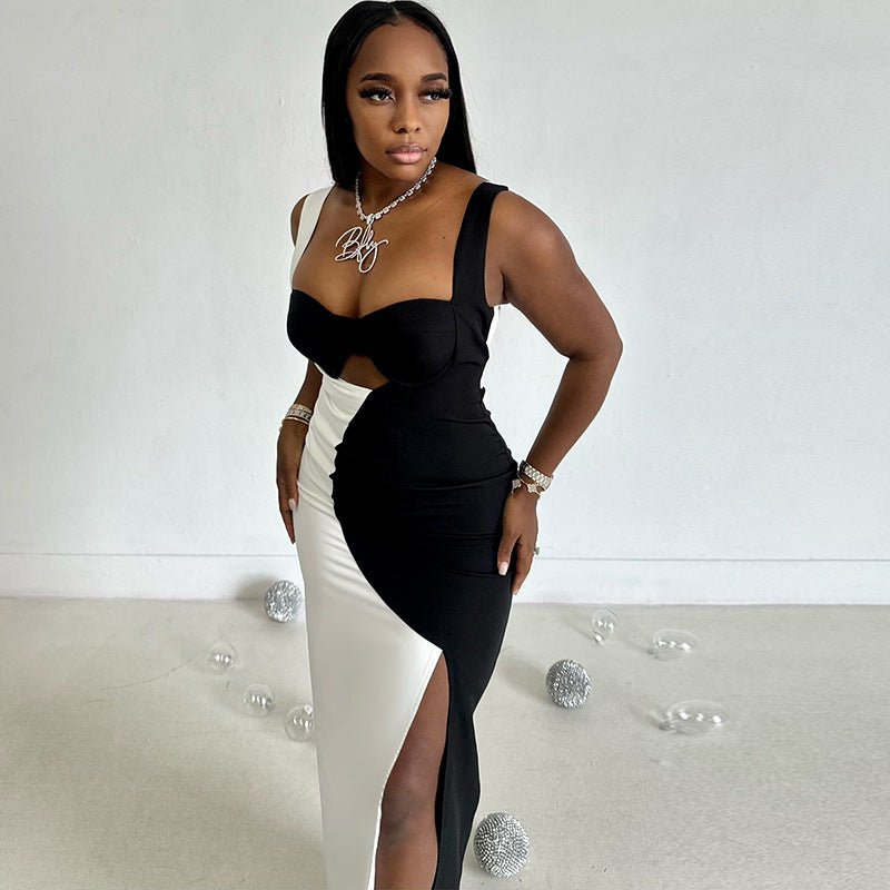 Fashionable women's clothing black and white color matching Low Back strap sleeveless slit long dress 4