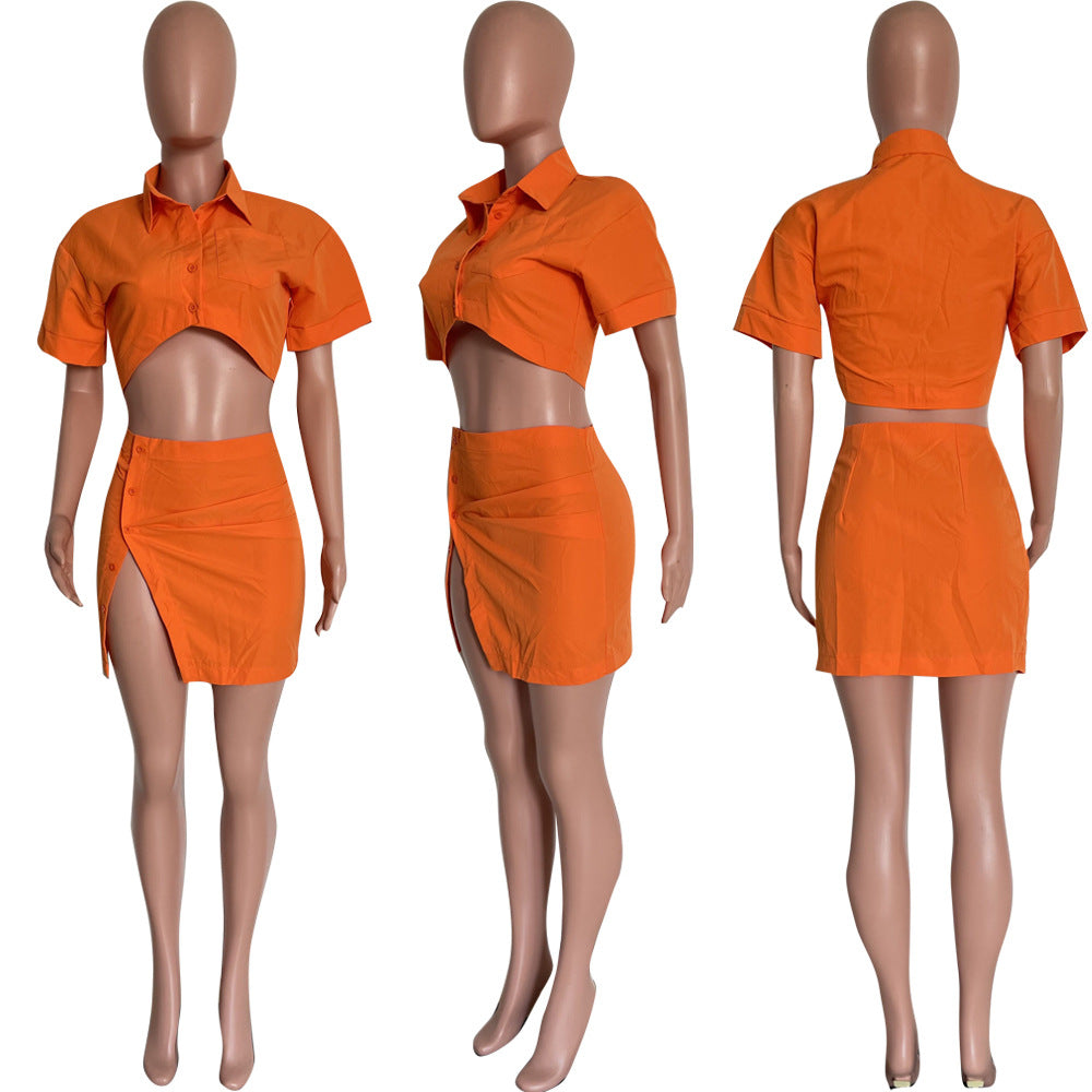 Women's fashion sexy solid color button Crop Shirt split skirt two-piece set 7
