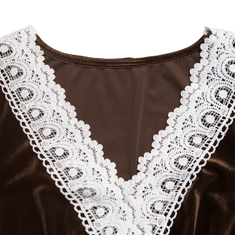 Women Fall/Winter Patchwork Lace V-Neck Long-Sleeved Velvet Maxi Dress 11