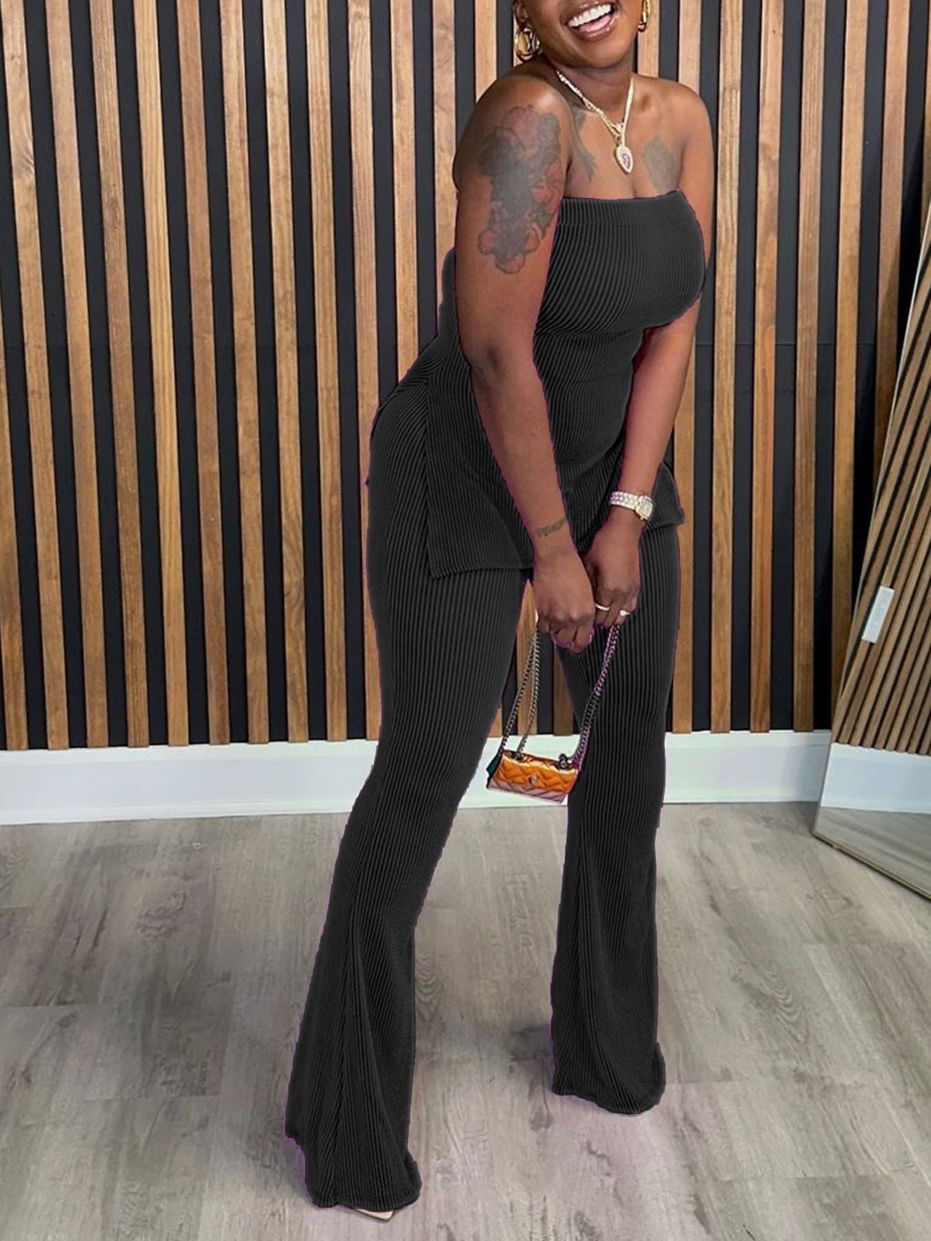 Strapless Slim Sexy Solid Color Women's Two-Piece Pants Set 4