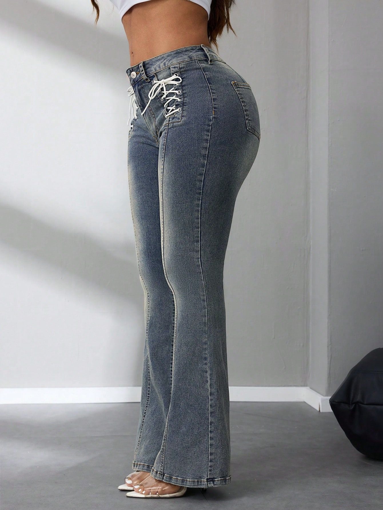 low waist elastic bell bottom denim trousers 5