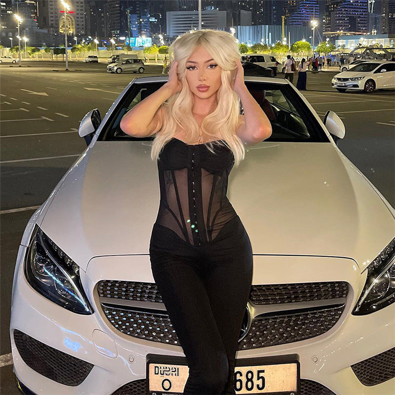 Spring Women's Fashion Strap Sexy See-Through Slim Fit Jumpsuit 5