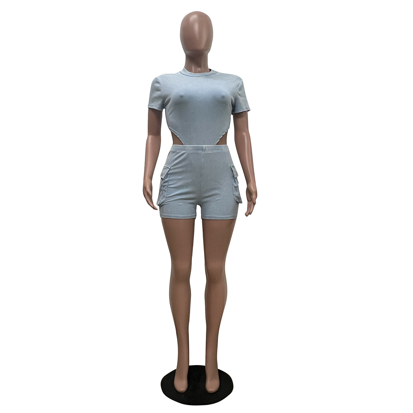 Women's Casual Solid Color  Short Sleeve Bodysuit Shorts Two Piece Set 24