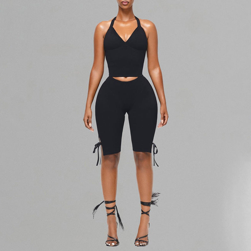 Women spring/summer Halter Neck drawstring strapless backless top and bow pants solid two-piece set 5