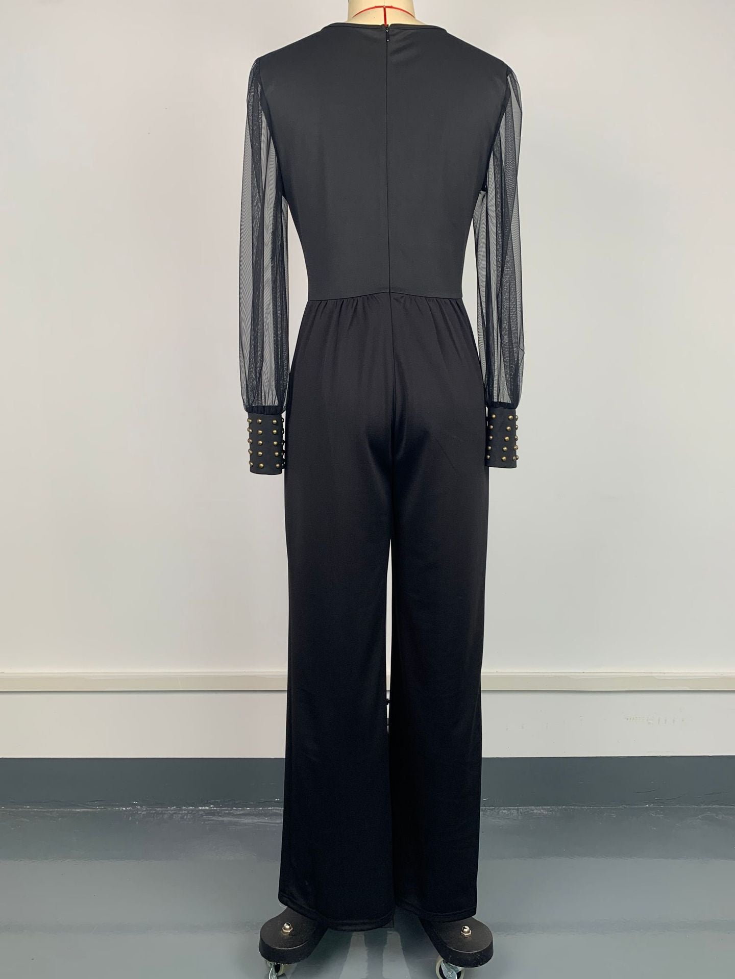 Fashionable Women's V-Neck Mesh Patchwork Rivet Long Sleeve Loose Jumpsuit 5