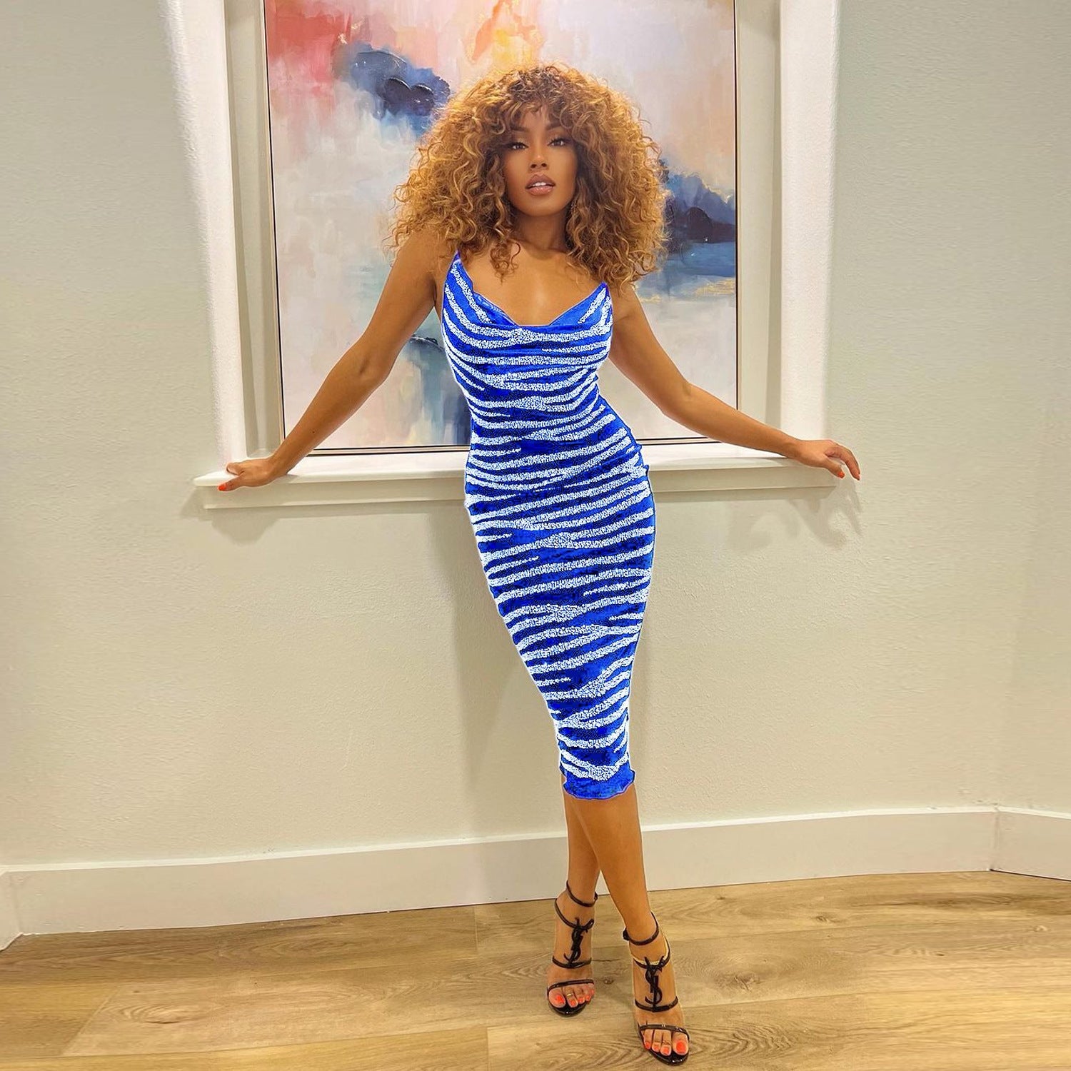 Women Sling Beaded See-Through Bodycon Dress 4