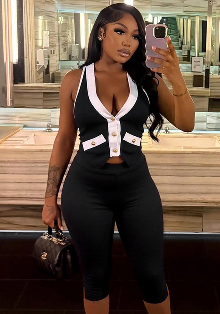 Summer Halter Neck Contrast Gold Button Low-Back Two-Piece Shorts Set