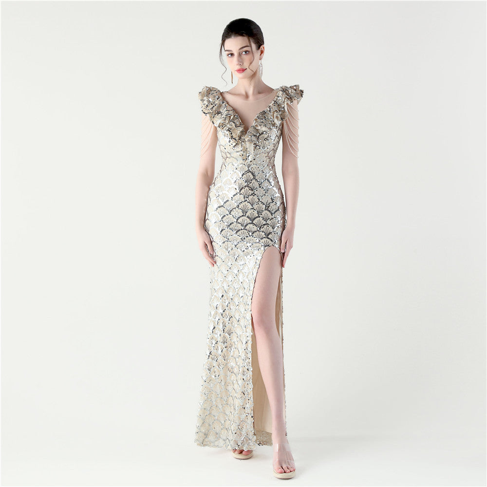 Women Floral Mesh See-Through Slit Mermaid Evening Dress 16