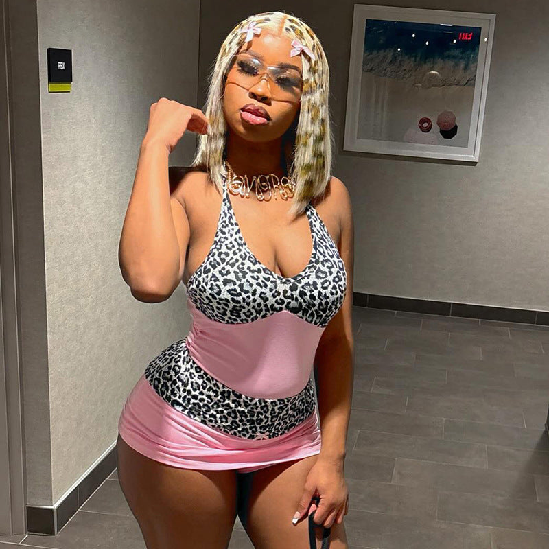 Women's Halter Deep V Neck Leopard Print Patchwork Mini Dress 4