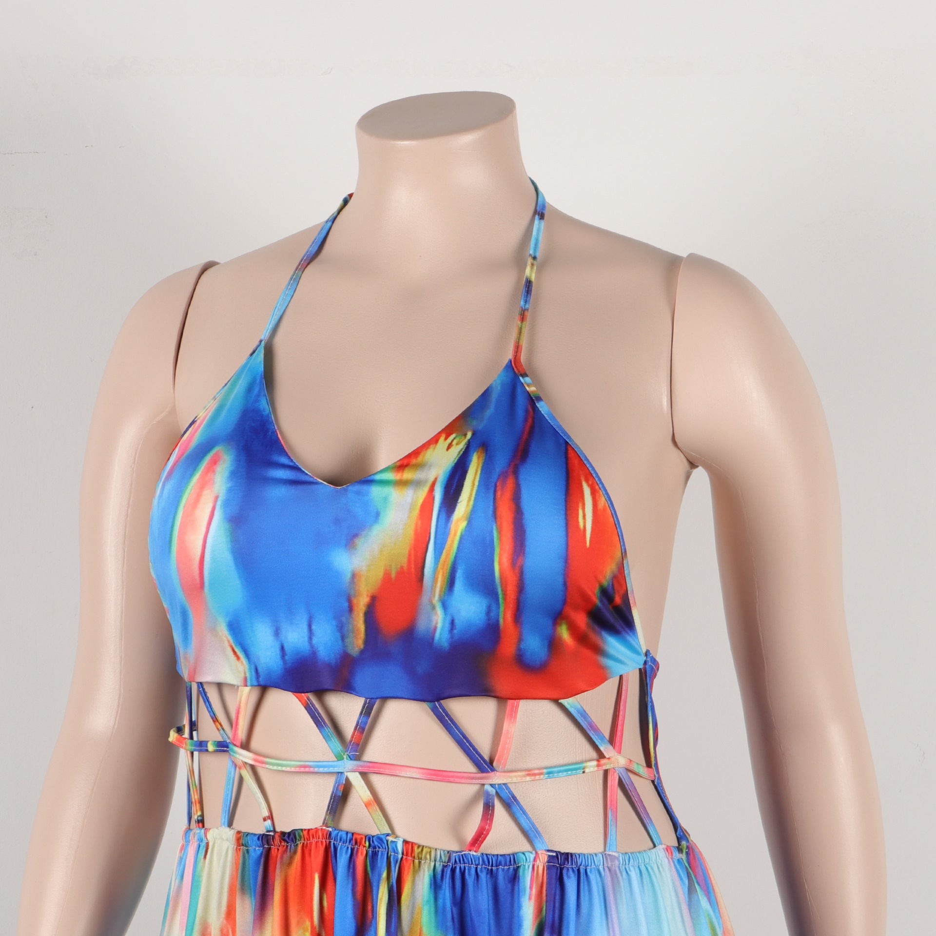 Women Print Cutout Halter Neck Lace-Up Slit Dress 17