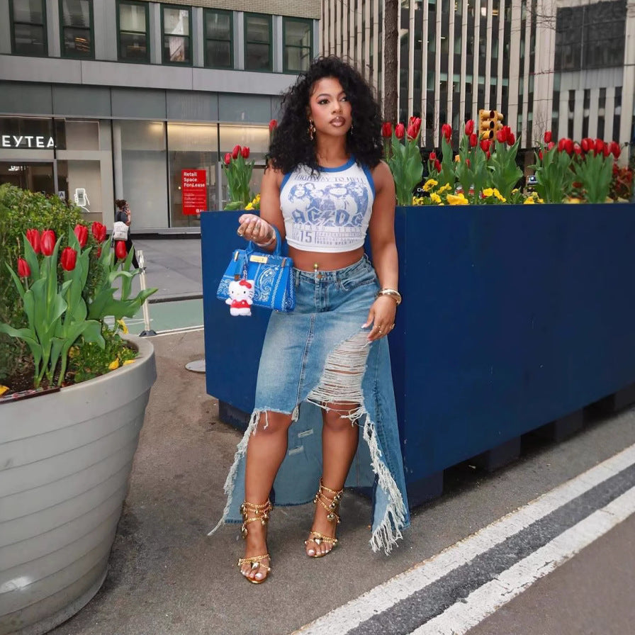 Women Summer Raw Edge Ripped Slit Bodycon Skirt 5