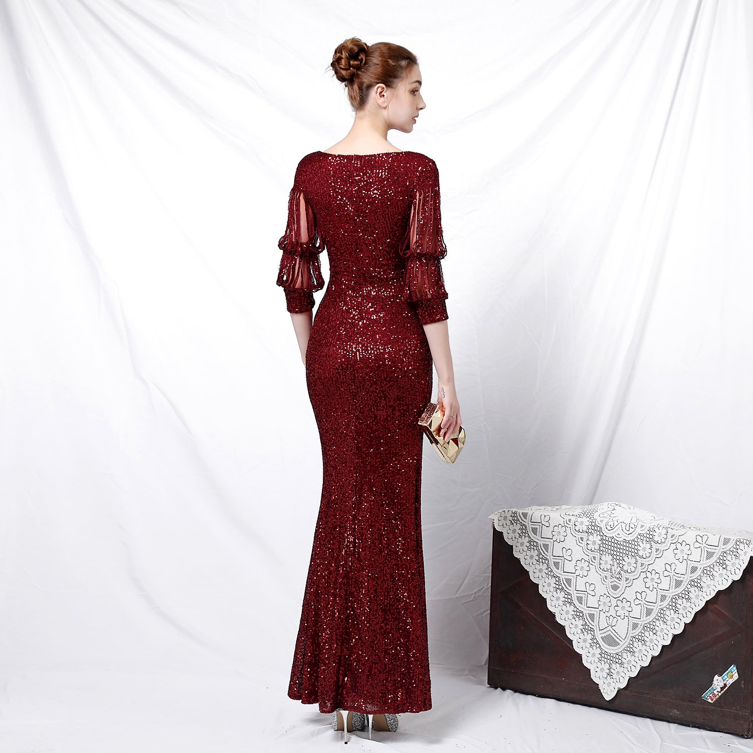 Formal Party Chic Elegant Long Half-Sleeve Sequined Queen Mermaid Evening Gown 9