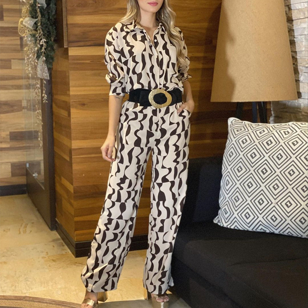 Women's Fashion Print Turndown Collar Long Sleeve Casual Shirt High Waist Straight Pants Set