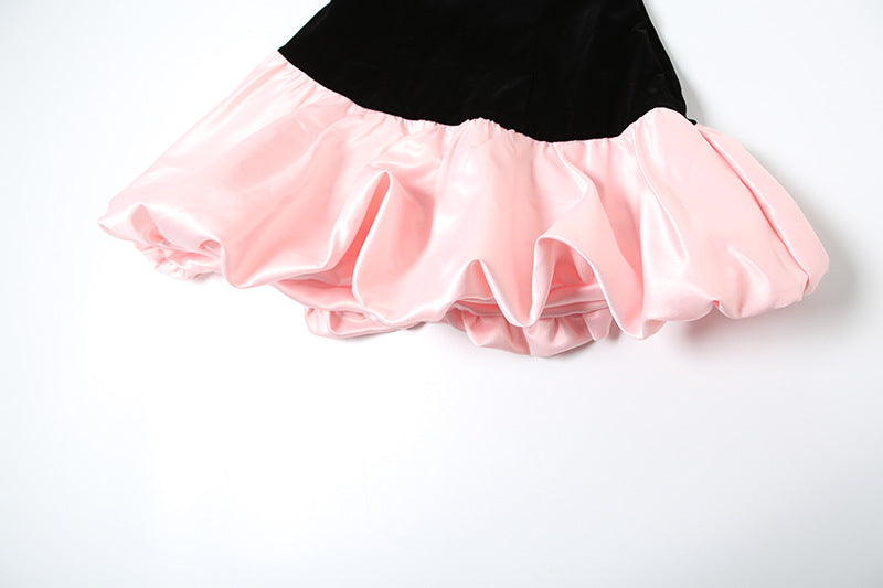 Winter Women's Strapless Velvet  Patchwork Puffy Short Dress 13