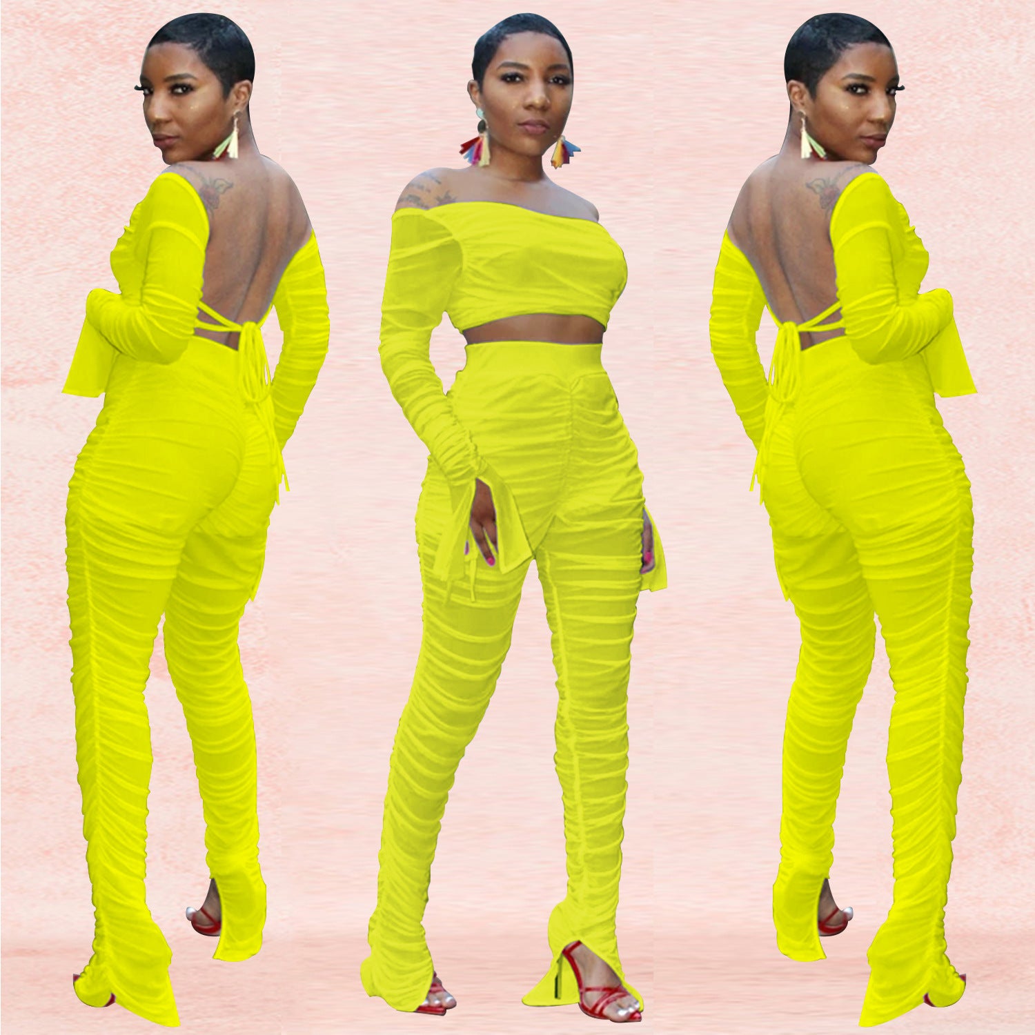 Women Sexy Solid Elastic Pleated Top and Pants Two-Piece Set 3