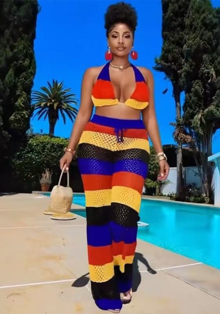 Women multi-color striped halter neck backless top and knitting pant, sexy see-through mesh two-piece set.