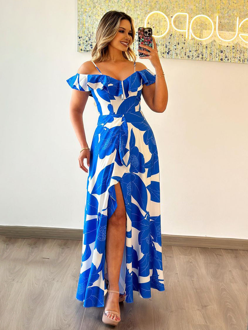 Women Printed Off Shoulder Strap High Slit Long Dress