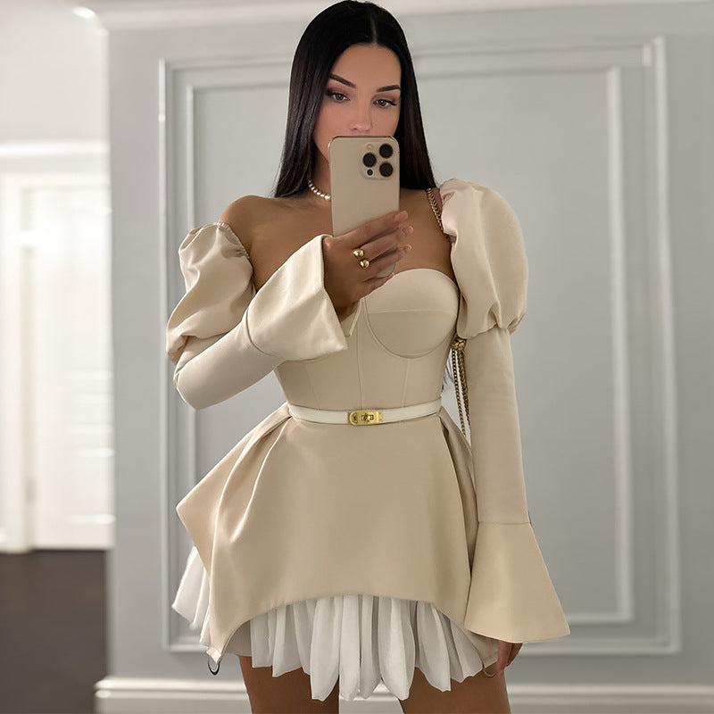 Women summer wrapped chest patchwork irregular bubble sleeve dress 5