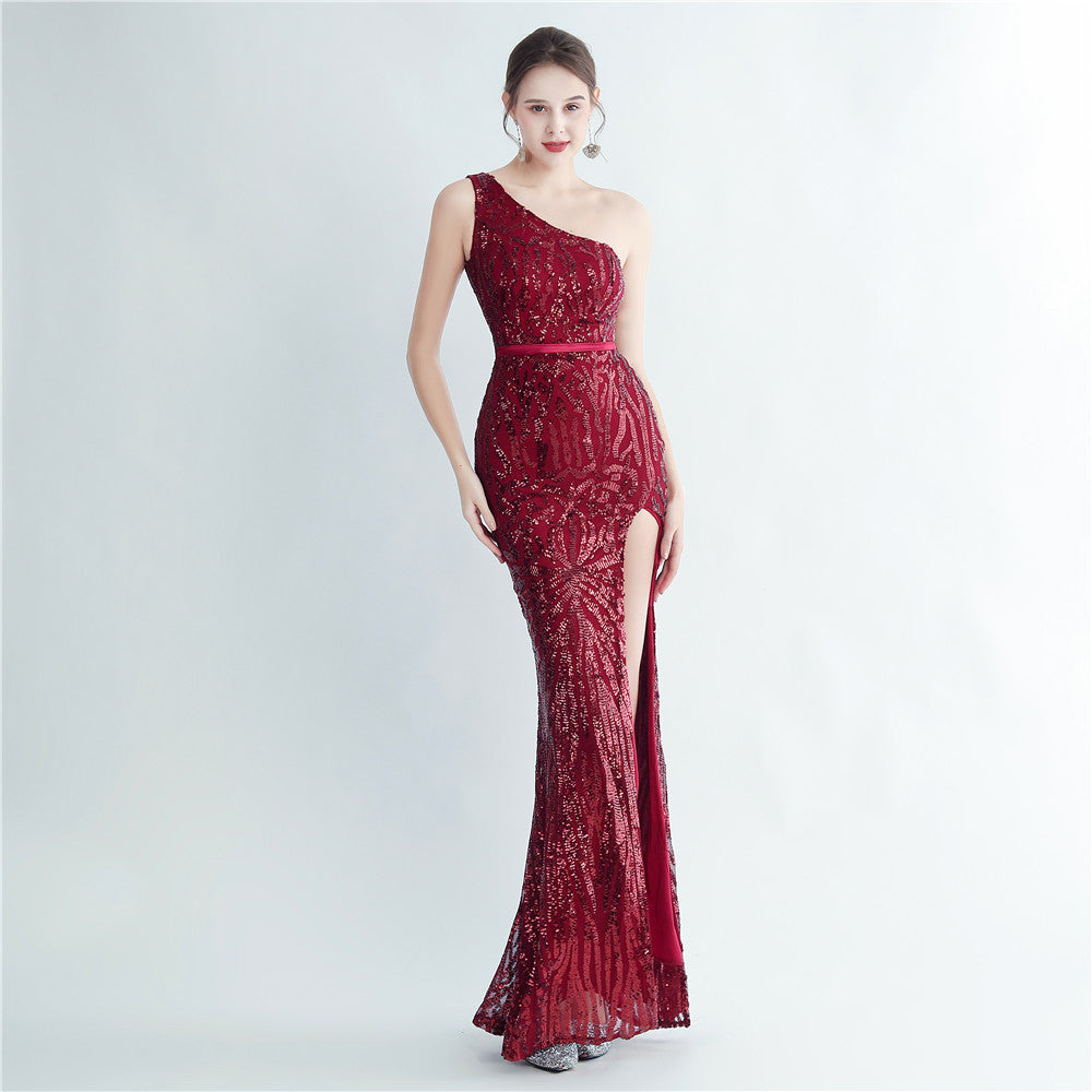 Positional Sequin One Shoulder Side Slit Long Evening Gown 16