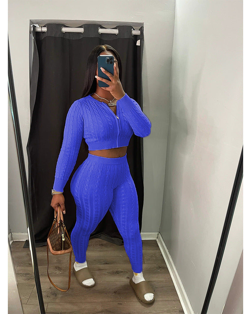 Women Solid knitting sweater and trousers two-piece set 5