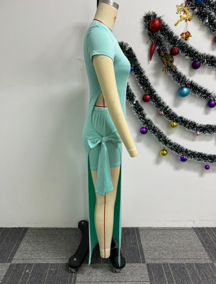Sexy Solid Color Hollow Stretch Tight Fitting Slit Lace-Up Midi Dress Shorts Two Piece Set 10